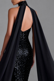 Sparkly Black High Neck Sheath Backless Maxi Formal Dress with Cape