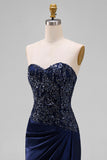 Sparkly Navy Mermaid Strapless Ruched Maxi Formal Dress with Beading