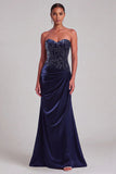 Sparkly Navy Mermaid Strapless Ruched Maxi Formal Dress with Beading