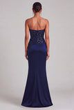 Sparkly Navy Mermaid Strapless Ruched Maxi Formal Dress with Beading