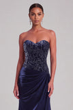 Sparkly Navy Mermaid Strapless Ruched Maxi Formal Dress with Beading