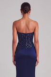 Sparkly Navy Mermaid Strapless Ruched Maxi Formal Dress with Beading
