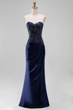 Sparkly Navy Mermaid Strapless Ruched Maxi Formal Dress with Beading