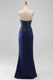 Sparkly Navy Mermaid Strapless Ruched Maxi Formal Dress with Beading