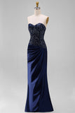 Sparkly Navy Mermaid Strapless Ruched Maxi Formal Dress with Beading