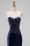 Sparkly Navy Mermaid Strapless Ruched Maxi Formal Dress with Beading