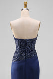 Sparkly Navy Mermaid Strapless Ruched Maxi Formal Dress with Beading