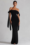 Simple Black Off the Shoulder Maxi Evening Dress with Ribbon