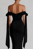 Simple Black Off the Shoulder Maxi Evening Dress with Ribbon