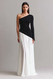 Simple Black and White One Shoulder Ruched Maxi Evening Dress with Sleeves