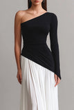 Simple Black and White One Shoulder Ruched Maxi Evening Dress with Sleeves