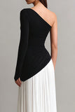 Simple Black and White One Shoulder Ruched Maxi Evening Dress with Sleeves
