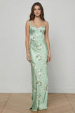 Floral Sage Green Spaghetti Straps Maxi Corset Bridesmaid Dress