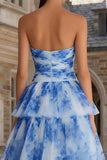 Floral White and Blue Ruffled Sweetheart Tiered Maxi Prom Dress