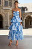 Floral White and Blue Ruffled Sweetheart Tiered Maxi Prom Dress