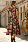 Floral Black and Pink Crew Neck Ball Gown Maxi Wedding Guest Dress