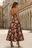 Floral Black and Pink Strapless Ball Gown Maxi Wedding Guest Dress