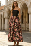 Floral Black and Pink A Line Strapless Maxi Wedding Guest Dress