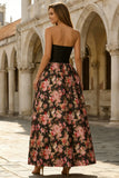 Floral Black and Pink A Line Strapless Maxi Wedding Guest Dress