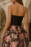 Floral Black and Pink A Line Strapless Maxi Wedding Guest Dress