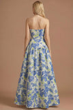 Blue Daffodil Floral Jacquard A Line Basque Waist Maxi Prom Dress