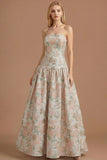 Blue Daffodil Floral Jacquard A Line Basque Waist Maxi Prom Dress