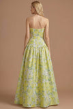 Blue Daffodil Floral Jacquard A Line Basque Waist Maxi Prom Dress