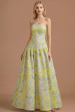 Blue Daffodil Floral Jacquard A Line Basque Waist Maxi Prom Dress