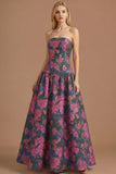 Blue Daffodil Floral Jacquard A Line Basque Waist Maxi Prom Dress