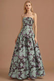 Blue Daffodil Floral Jacquard A Line Basque Waist Maxi Prom Dress