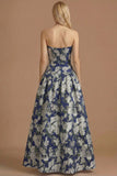 Blue Daffodil Floral Jacquard A Line Basque Waist Maxi Prom Dress