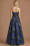 Blue Daffodil Floral Jacquard A Line Basque Waist Maxi Prom Dress