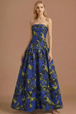 Blue Daffodil Floral Jacquard A Line Basque Waist Maxi Prom Dress