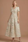 A Line Blue Daffodil Floral Jacquard V Neck Maxi Prom Dress