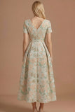 A Line Blue Daffodil Floral Jacquard V Neck Maxi Prom Dress