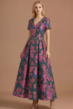 A Line Blue Daffodil Floral Jacquard V Neck Maxi Prom Dress