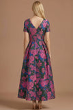 A Line Blue Daffodil Floral Jacquard V Neck Maxi Prom Dress