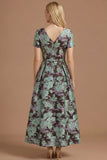 A Line Blue Daffodil Floral Jacquard V Neck Maxi Prom Dress