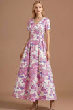 A Line Blue Daffodil Floral Jacquard V Neck Maxi Prom Dress