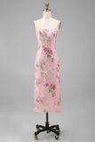Sparkly Pink Strapless Mermaid Floral Ankle Length Prom Dress