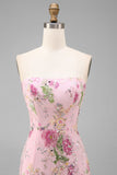 Sparkly Pink Strapless Mermaid Floral Ankle Length Prom Dress