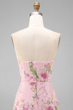 Sparkly Pink Strapless Mermaid Floral Ankle Length Prom Dress