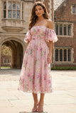 Pink Floral Sparkly Off the Shoulder A Line Midi Prom Dress