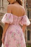 Pink Floral Sparkly Off the Shoulder A Line Midi Prom Dress
