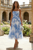 White and Blue Strapless Floral A Line Midi Prom Dress