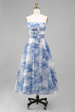 White and Blue Strapless Floral A Line Midi Prom Dress