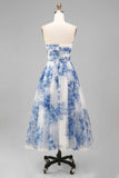 White and Blue Strapless Floral A Line Midi Prom Dress