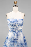 White and Blue Strapless Floral A Line Midi Prom Dress