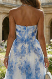 White and Blue Strapless Floral A Line Midi Prom Dress