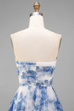 White and Blue Strapless Floral A Line Midi Prom Dress